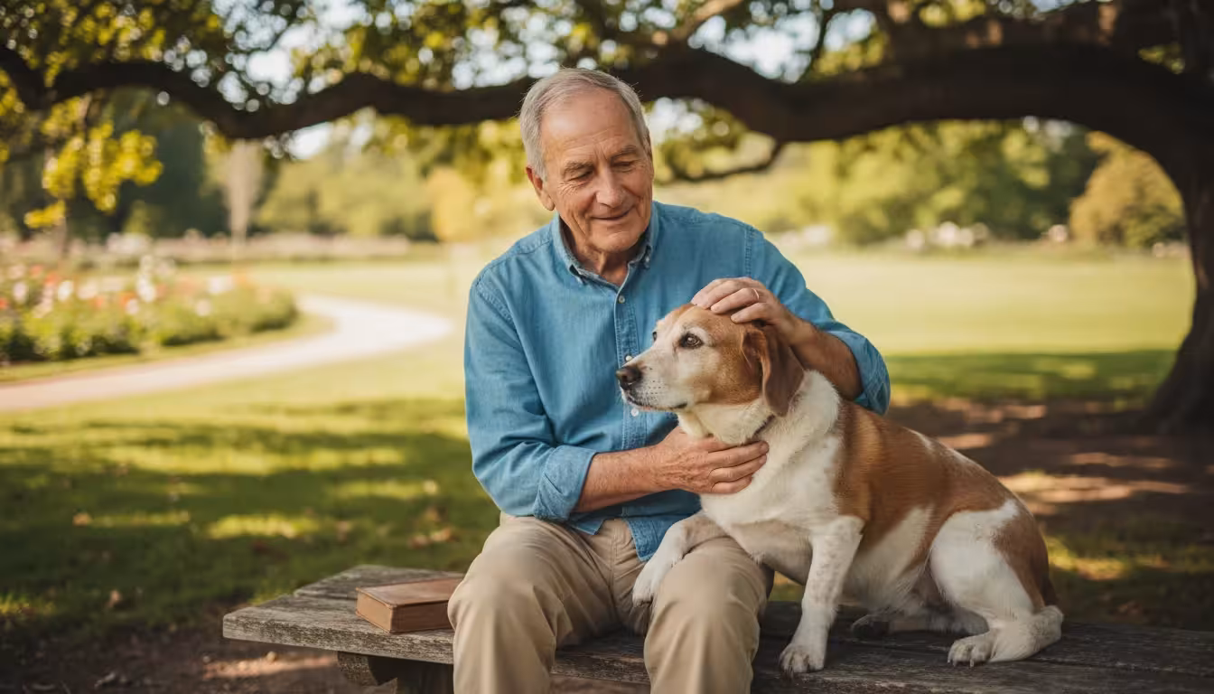 Older man gently pets a calm, grey-muzzled senior dog looking up at him with soft eyes, in a bright adoption area.