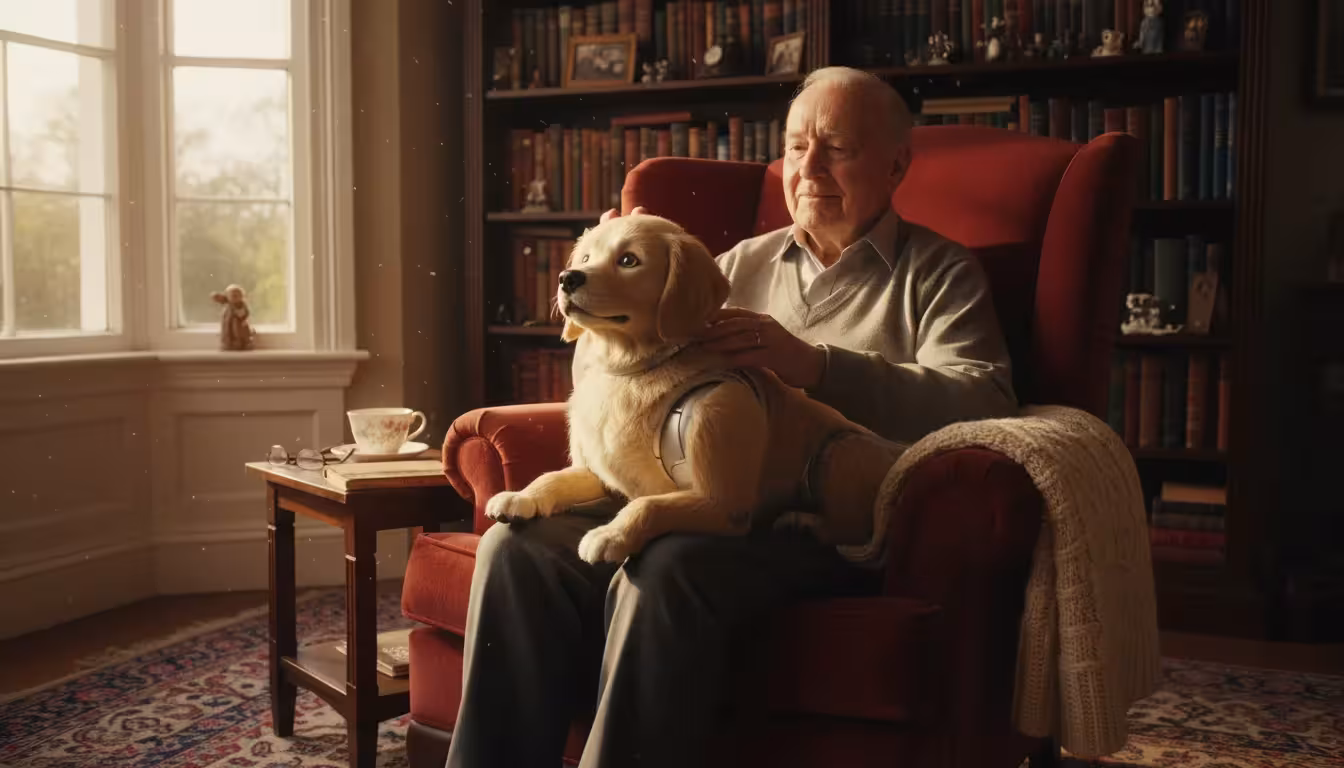 An older man, 80s, gently pets a lifelike robotic golden retriever dog resting on his lap in a sunlit armchair.