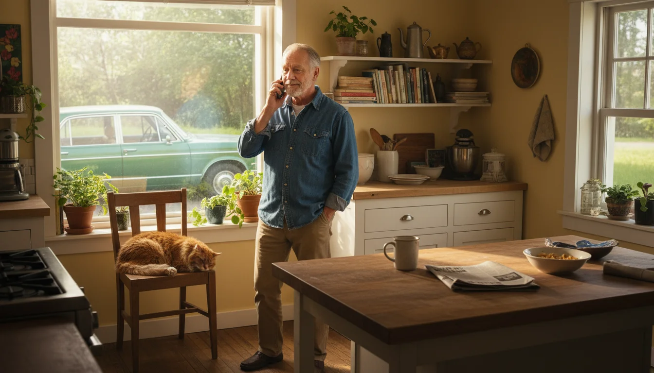 Older man on phone by kitchen window, looking at his car outside, with a document nearby.