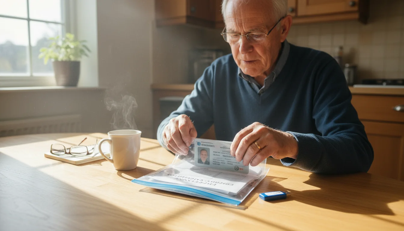 An older man carefully places copies of important documents, including a driver's license and health insurance card, into a clear waterproof bag. A US