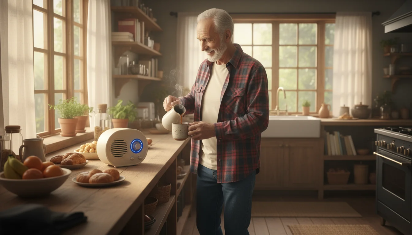 Older man in a plaid shirt taps his foot and smiles while pouring coffee in a sunlit kitchen with a radio.