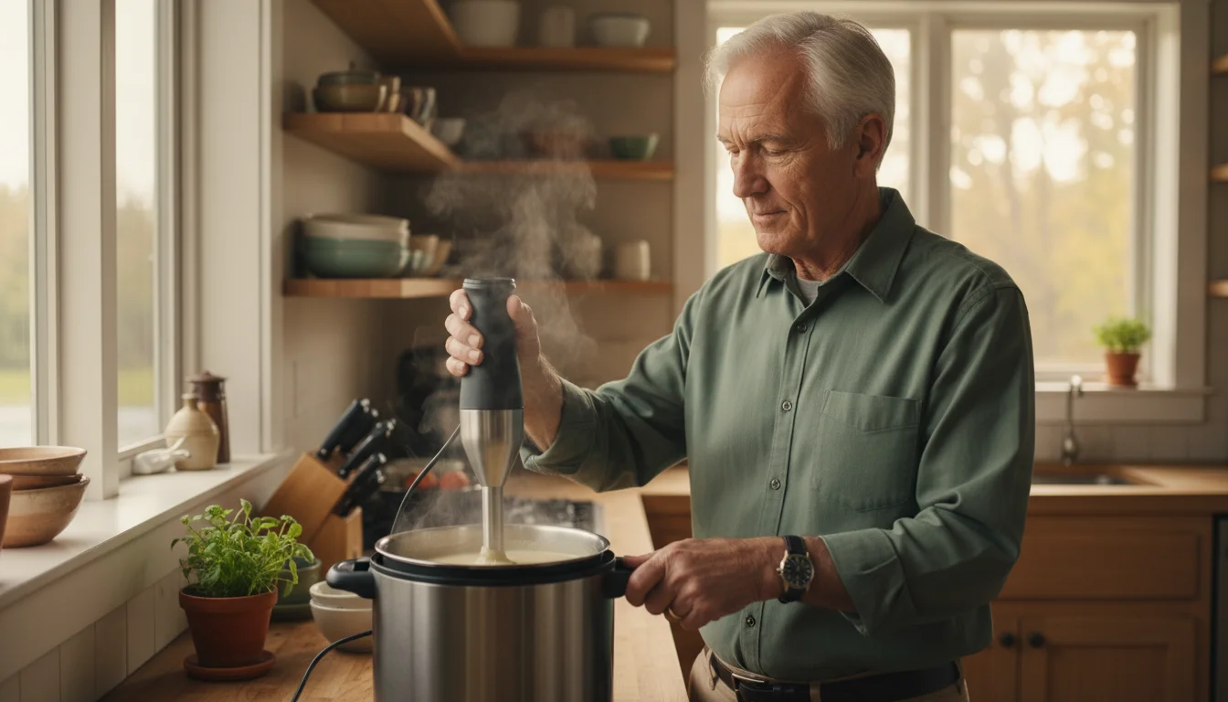 Older man pureeing soup in a multi-cooker with an immersion blender, showing ease and minimal effort.