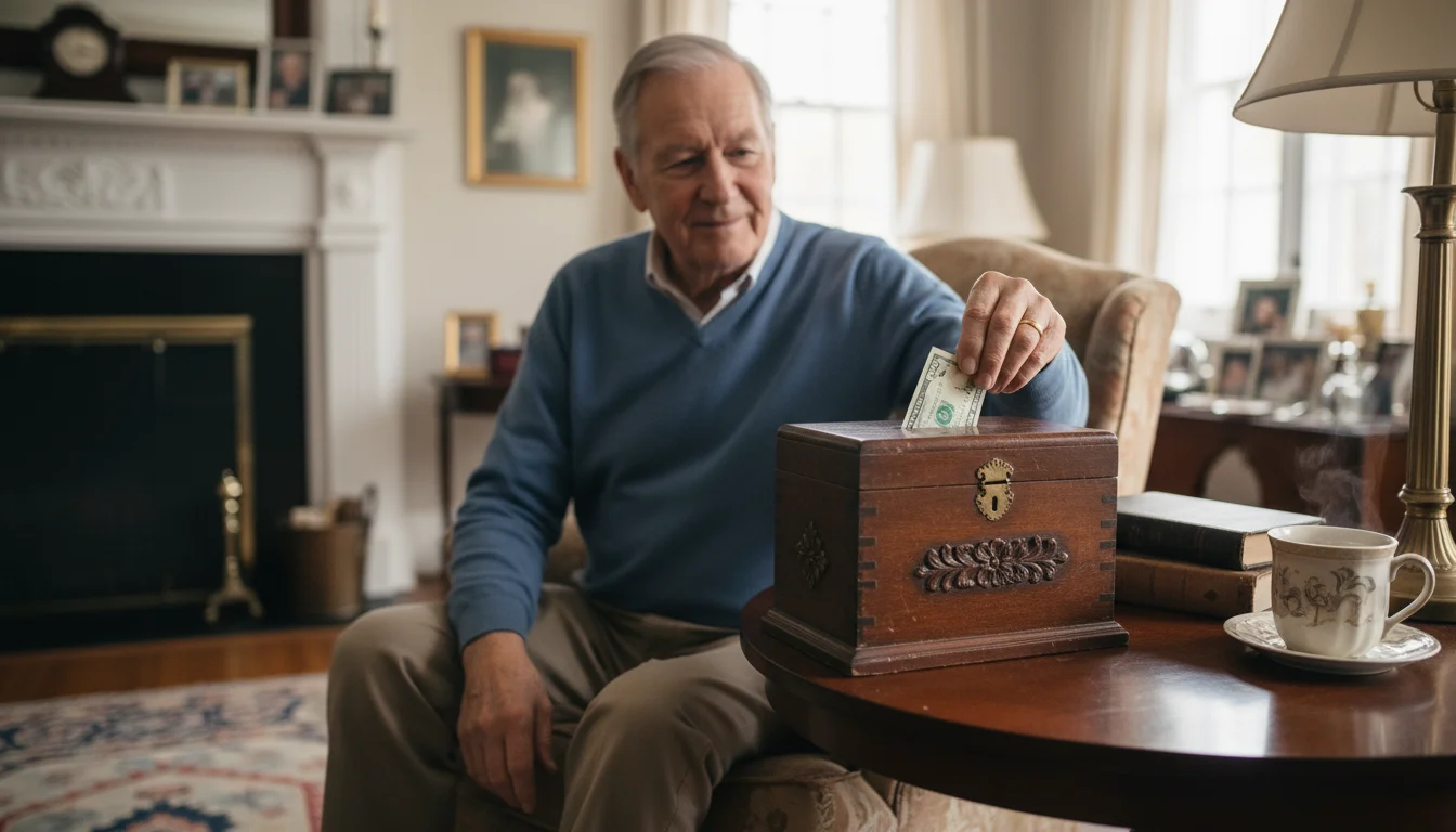 Older man gently puts a dollar bill into a wooden savings box. A closed official envelope sits on the table nearby.