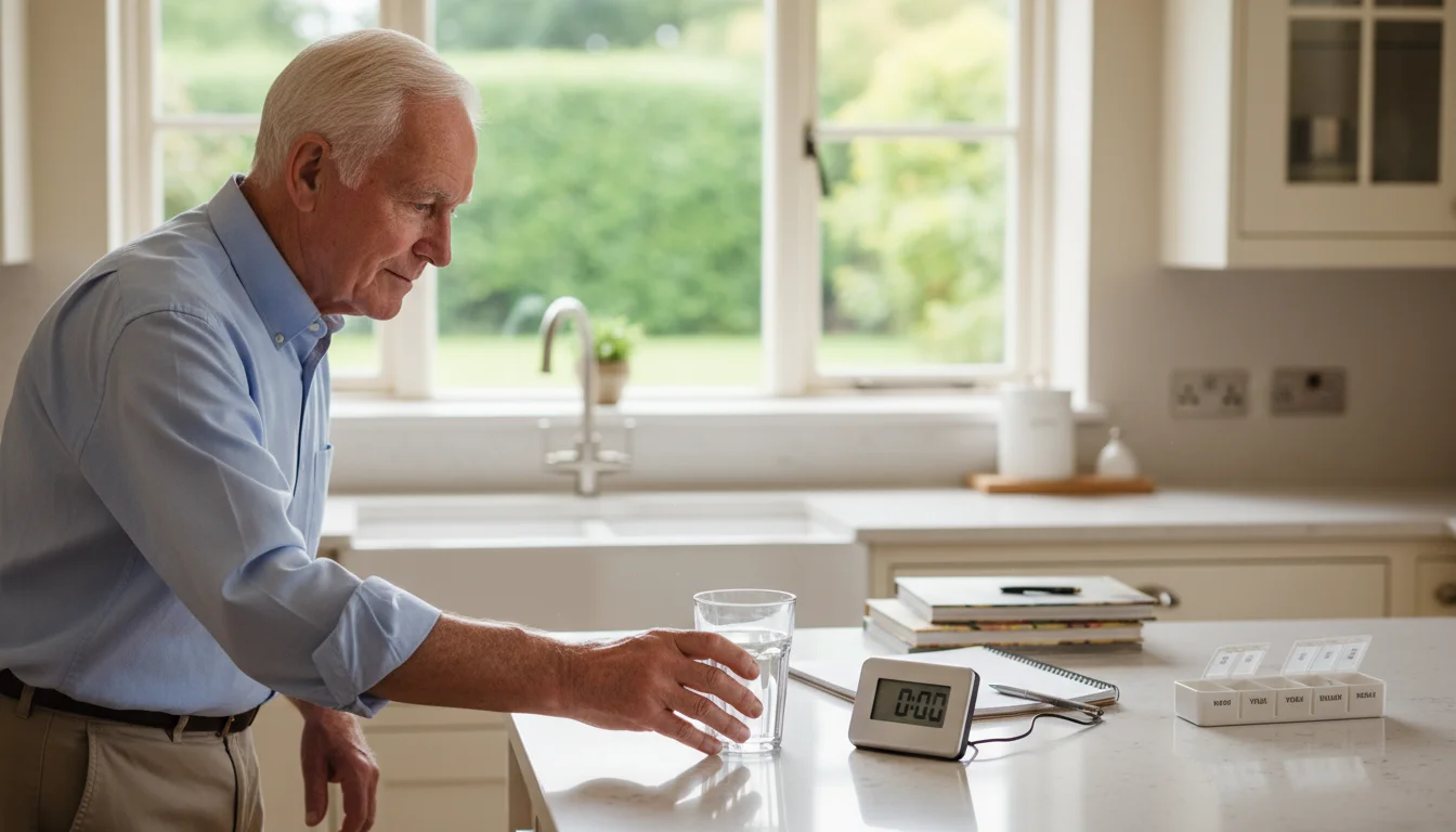 An older man reaches for a glass of water in a kitchen. A digital timer and a pill organizer are on the counter.