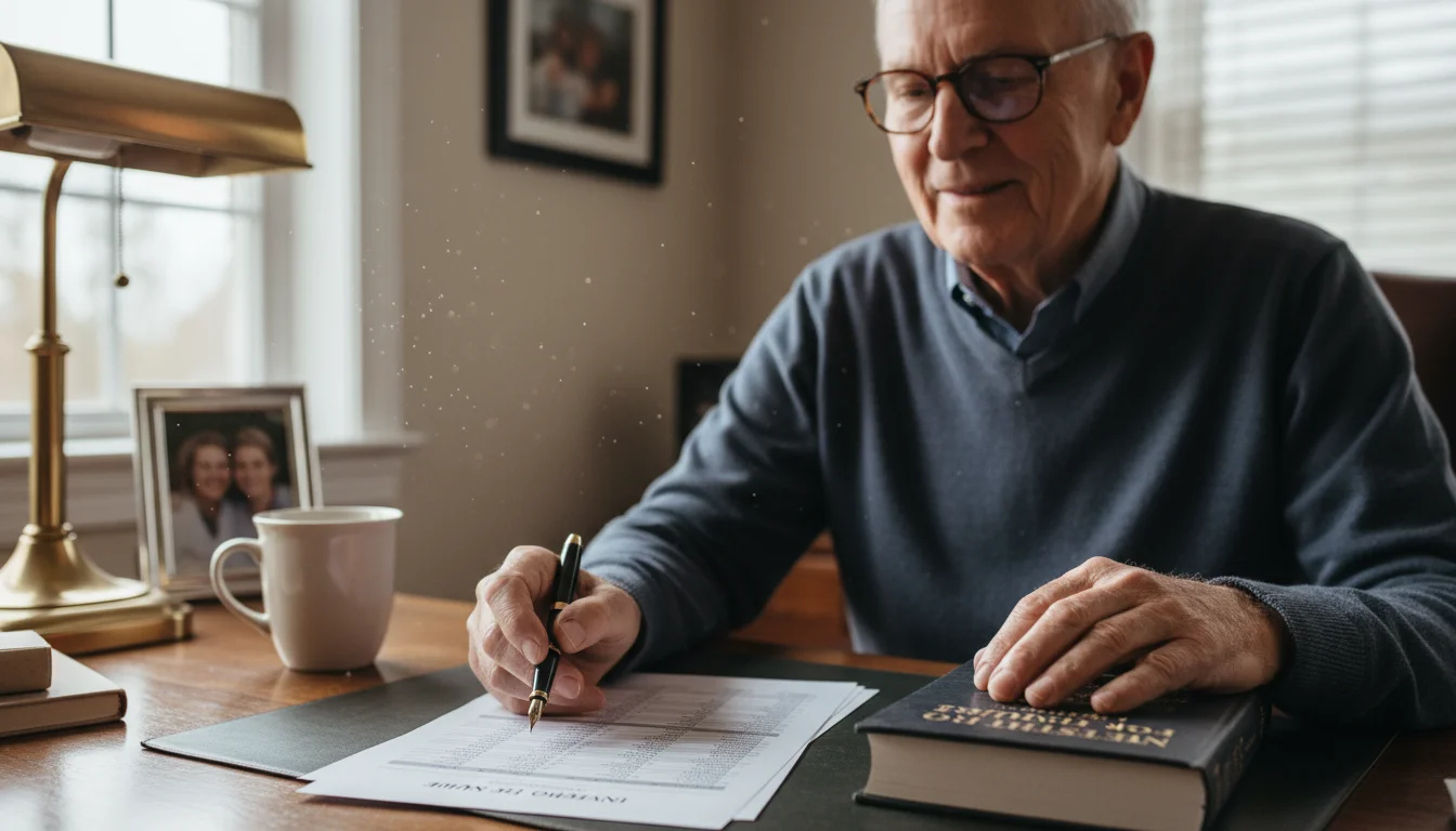 An older man in reading glasses holds a pen, comparing two columns of financial figures on a sheet, with official documents beside him.