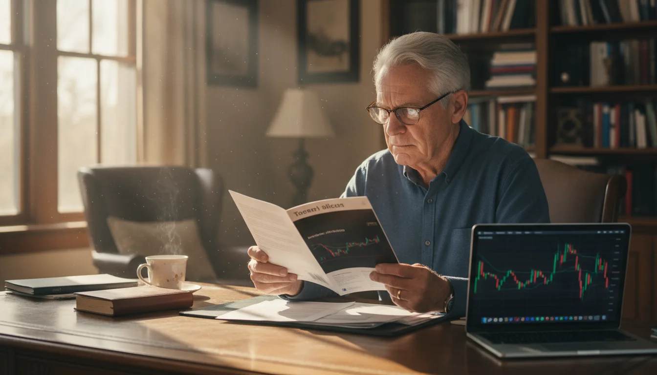 Older man with reading glasses intently examining a financial brochure at his desk, a laptop open next to him. His expression shows careful scrutiny.