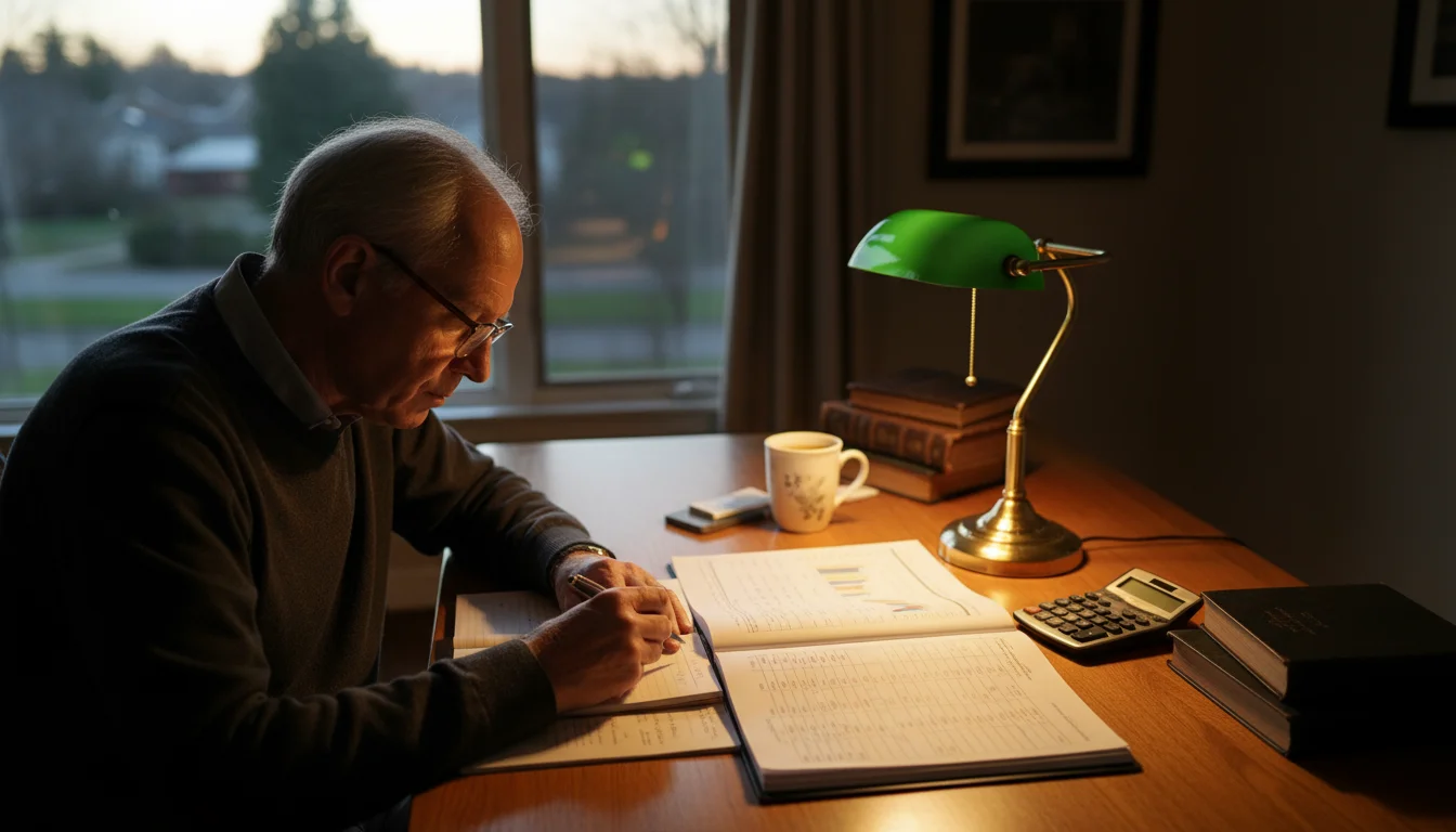 An older man with reading glasses intently reviews financial statements at his home desk, a pen poised over a notepad with calculations.