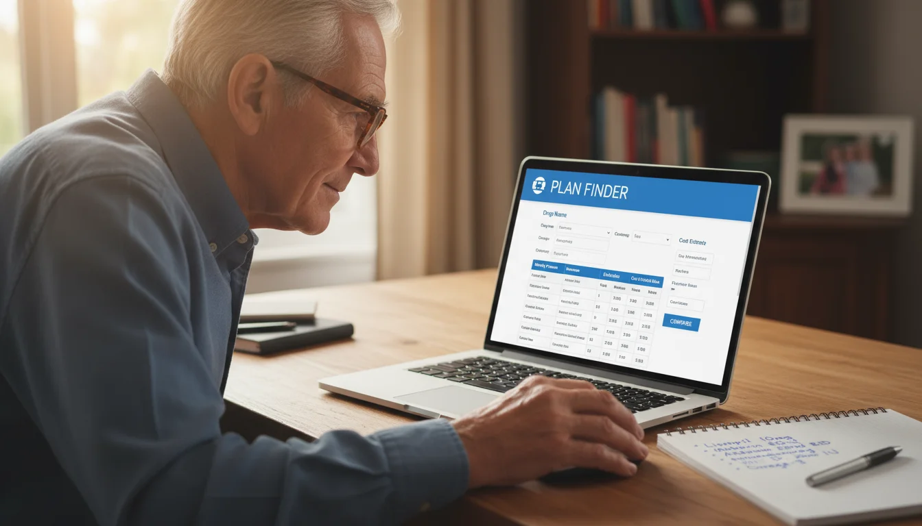 An older man with reading glasses intently uses a laptop at a desk, with a handwritten medication list nearby.