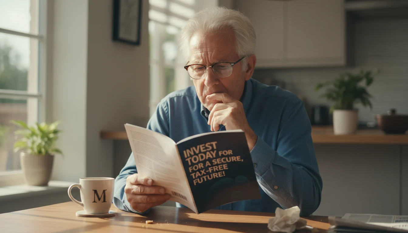 Older man with reading glasses thoughtfully examining a glossy financial brochure at his kitchen table.