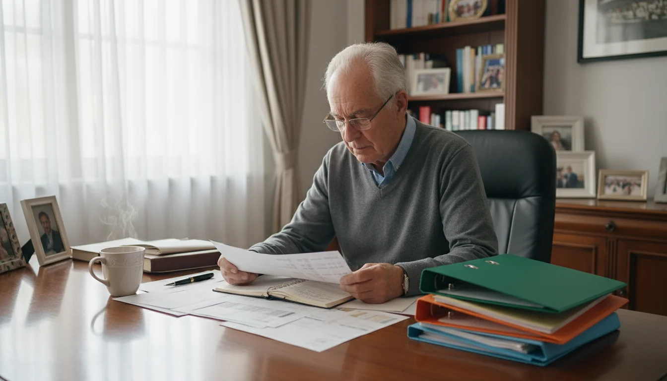 An older man reviews financial documents at a desk, with organized folders and a planner.