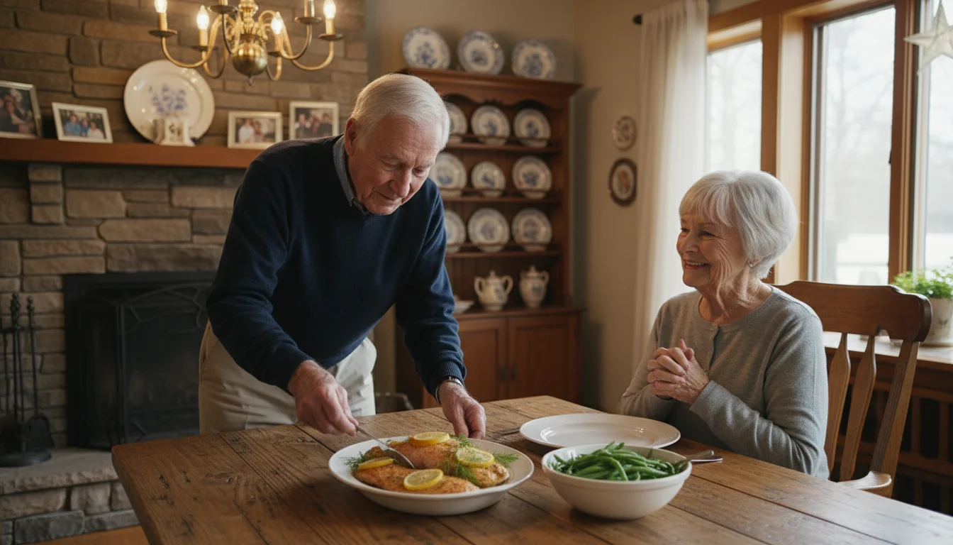 An older man serves baked salmon with lemon and dill to his wife at a dining table, sharing a healthy home-cooked meal.