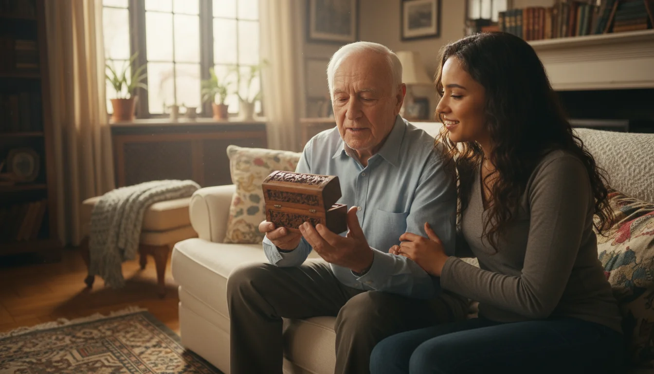 Older man (70s) shows a carved wooden box to his adult granddaughter (20s) in a sunlit living room.