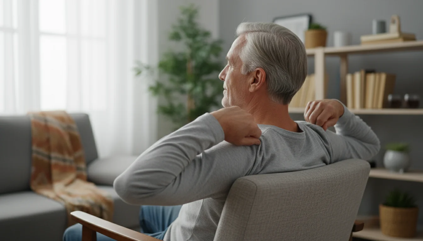 Older man from side-back perspective, seated, performing a gentle shoulder roll. His shoulders are visibly moving back and down.