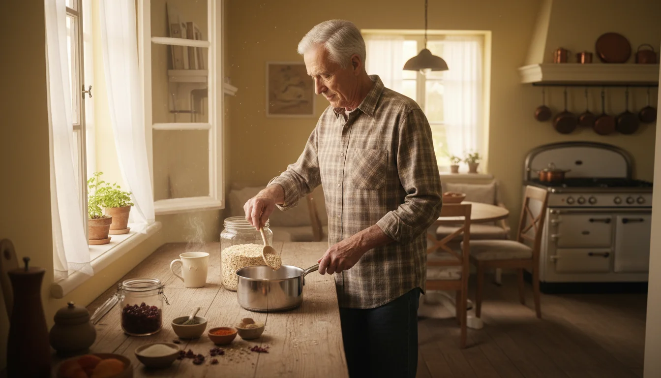 An older man with silver hair methodically scoops oats into a saucepan in a sunlit kitchen, part of his morning routine.