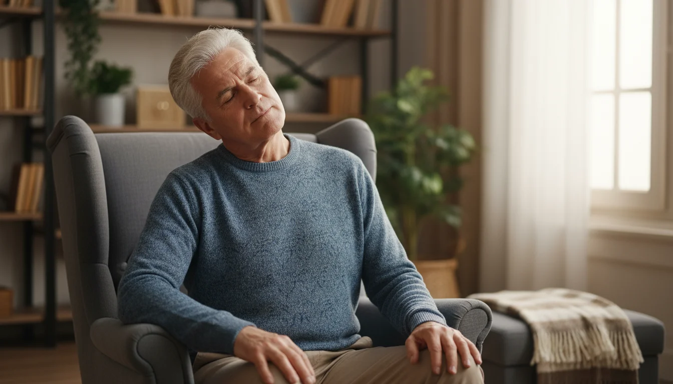 An older man with silver hair sits in an armchair, gently tilting his head to the right for a neck stretch.