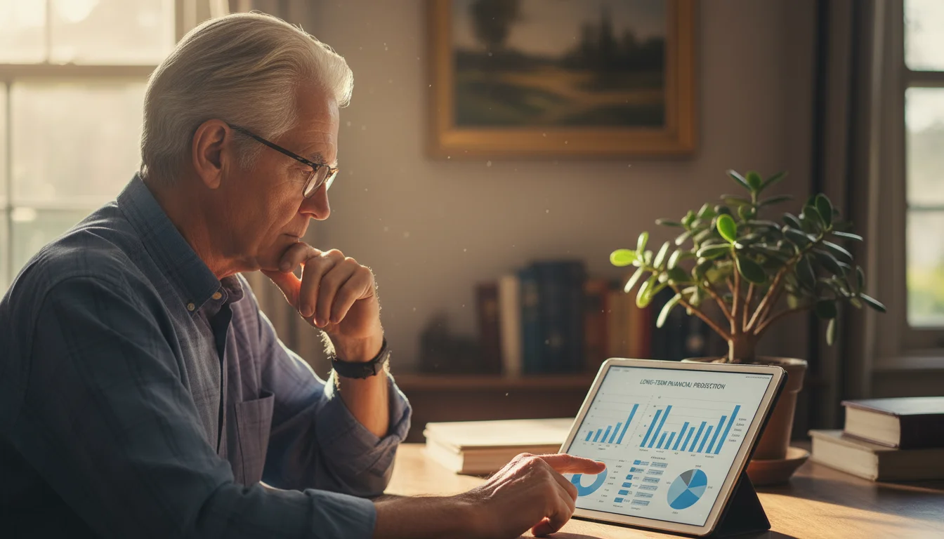 An older man with silver hair sits at a wooden desk, looking thoughtfully at financial documents. A small green plant is nearby.