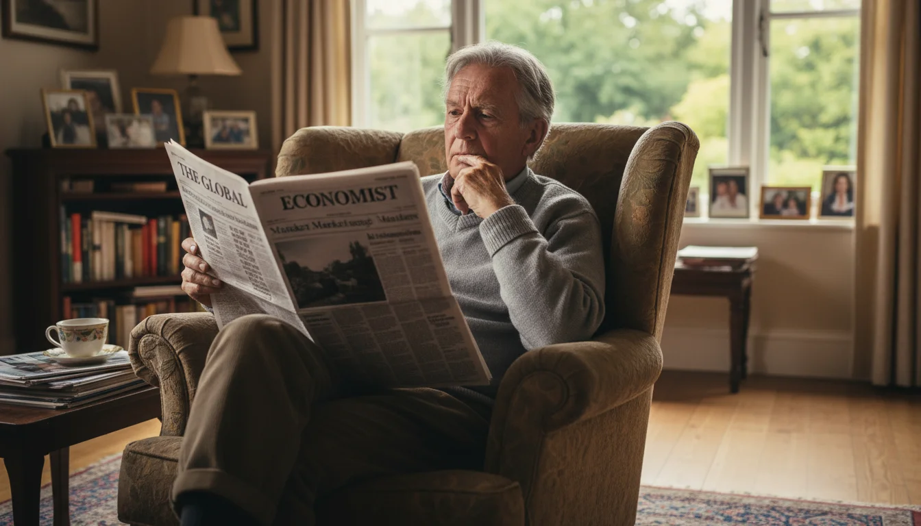 An older man sits in an armchair, holding a financial newspaper, looking away with a thoughtful expression.