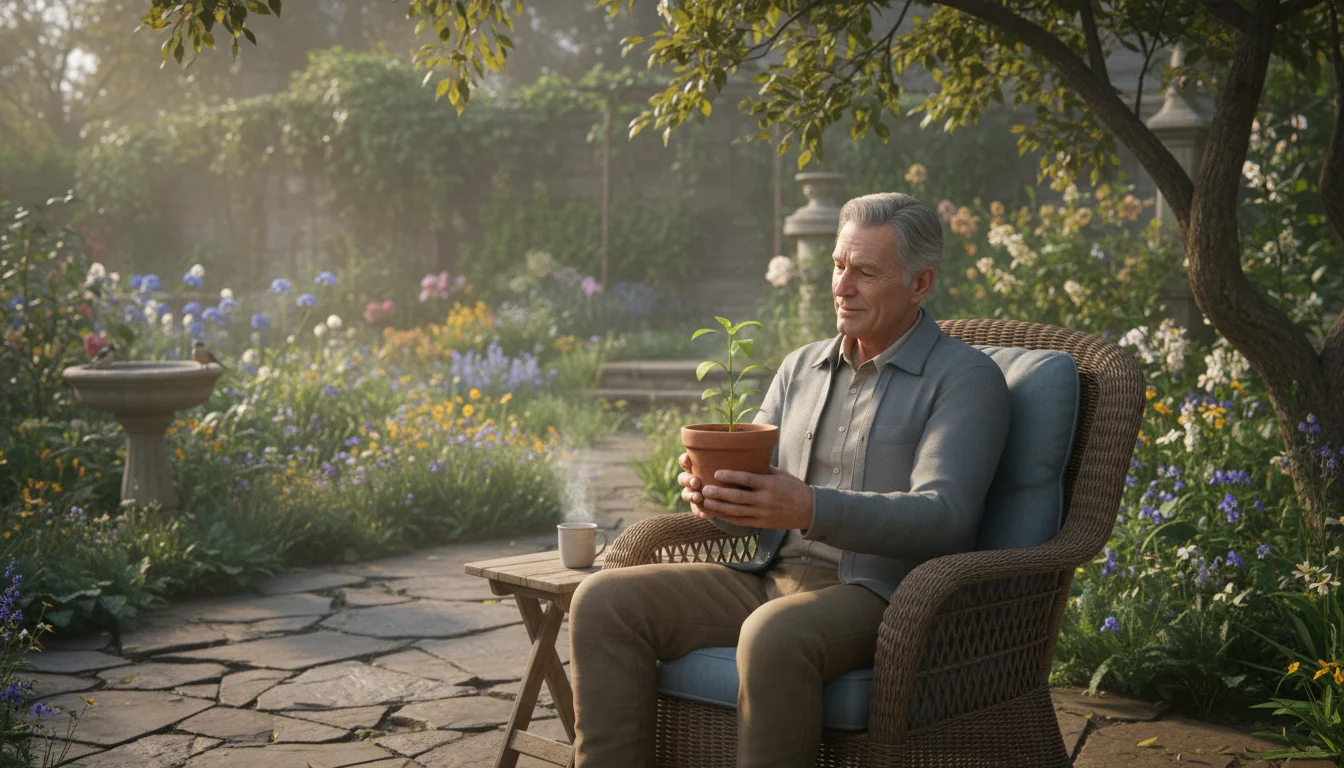 An older man sits in an armchair on a sunny patio, holding a small green plant in a terracotta pot, looking at it thoughtfully.