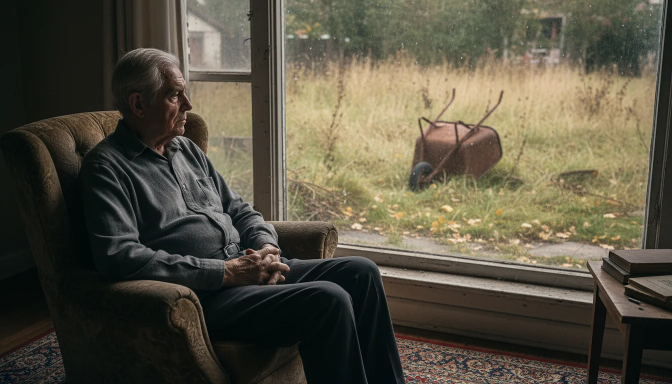 An older man sits in an armchair, looking through a window at an overgrown backyard with a rusty, overturned wheelbarrow.