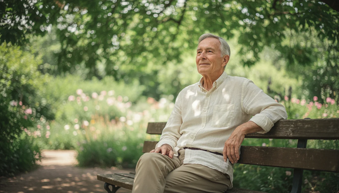 An older man (70s) sits calmly on a park bench, gazing up at dappled sunlight through green tree leaves with a soft smile. A lush park path is behind