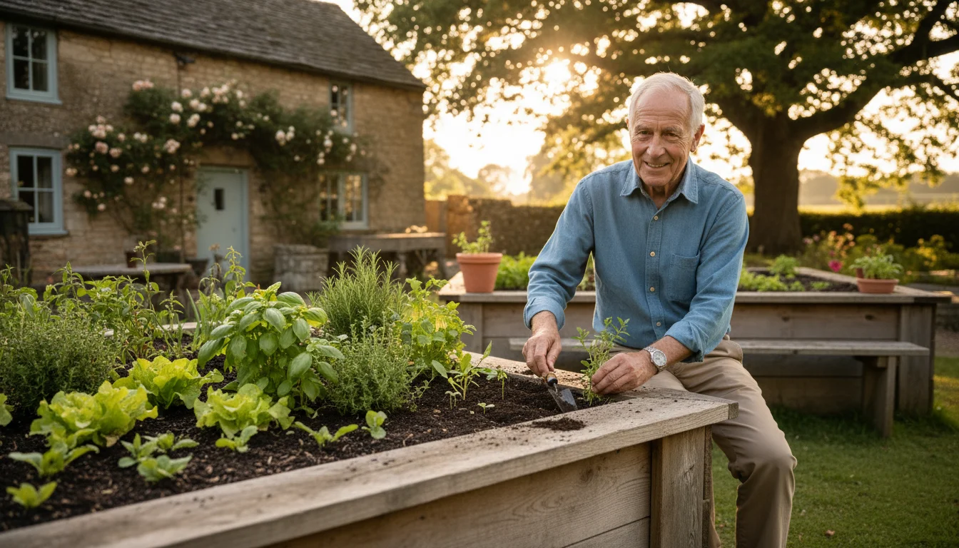 An older man sits comfortably on the wooden edge of a raised garden bed, planting a small seedling into the rich soil.