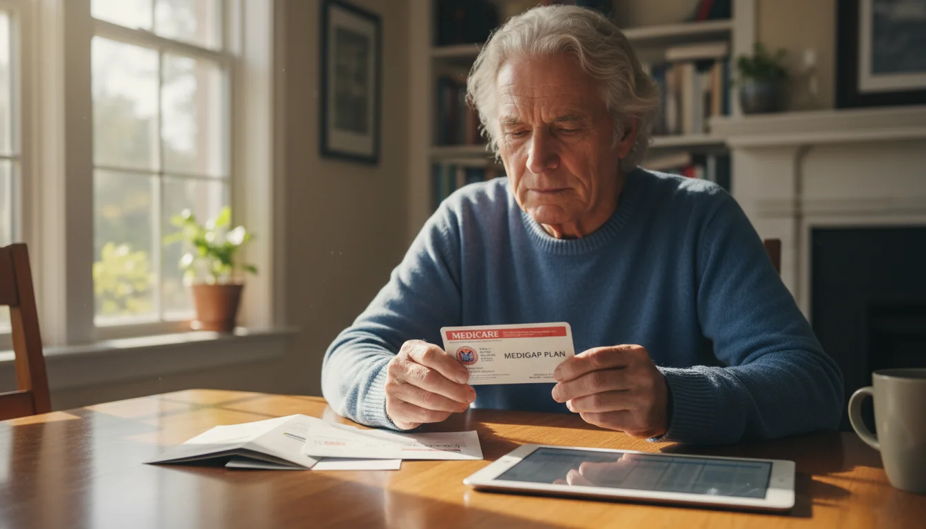 An older man sits at a dining table, holding a red and blue Medicare card. A generic Medigap card and documents are on the table.