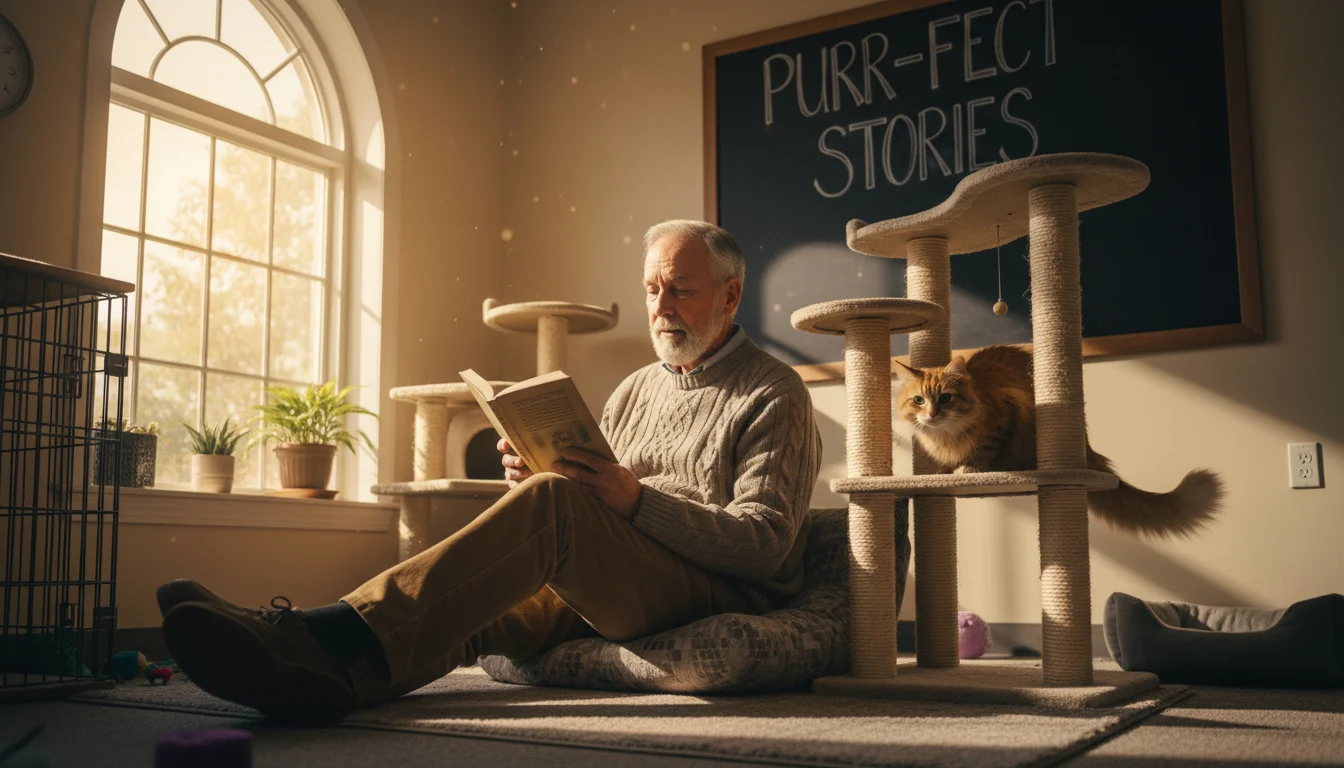 An older man sits on the floor of a cattery reading aloud to a shy orange tabby cat peeking from a cat tree.