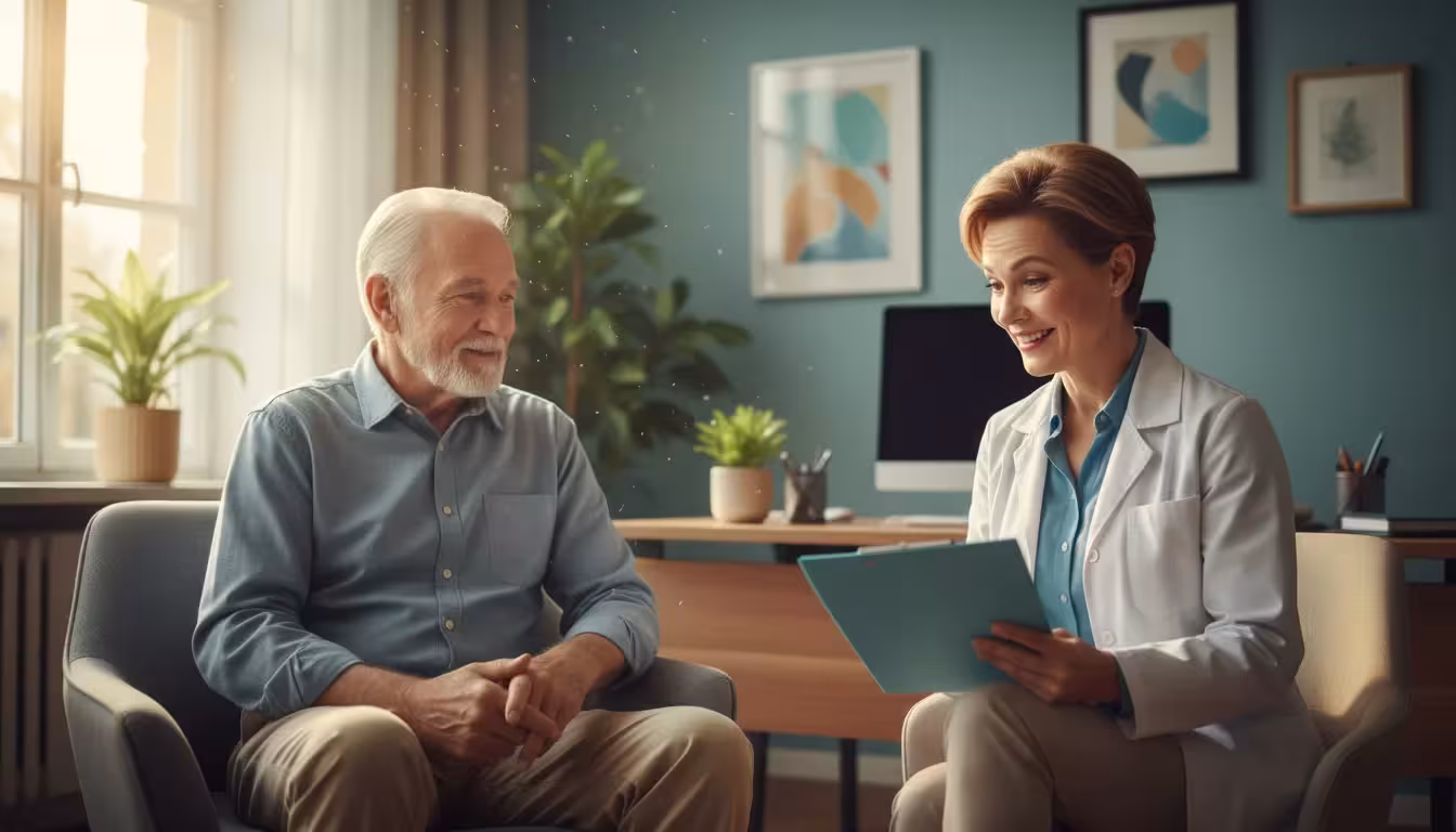 An older man sits with his doctor, who looks surprised and pleased while holding a medical chart. The man has a calm, gentle smile.
