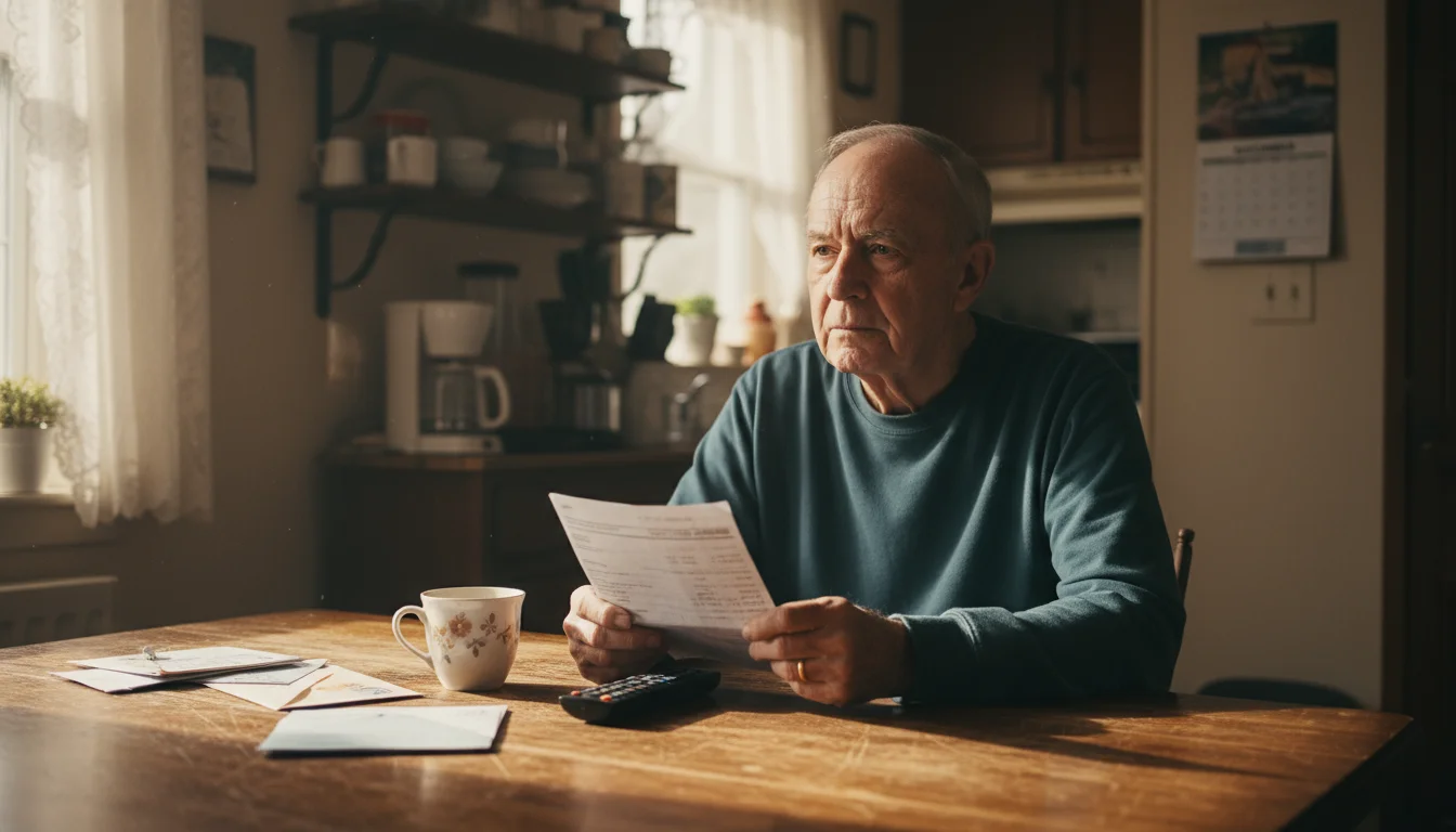 An older man sits at a kitchen table, holding a bank statement with a worried expression. A coffee mug and remote control are on the table.