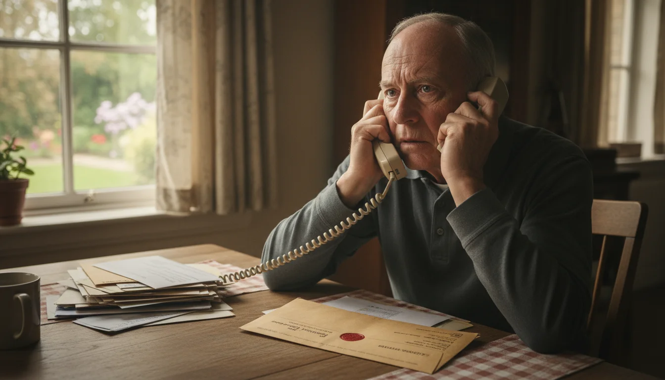 An older man sits at a kitchen table, holding a landline phone receiver tightly to his ear with a worried expression. Official-looking mail is on the