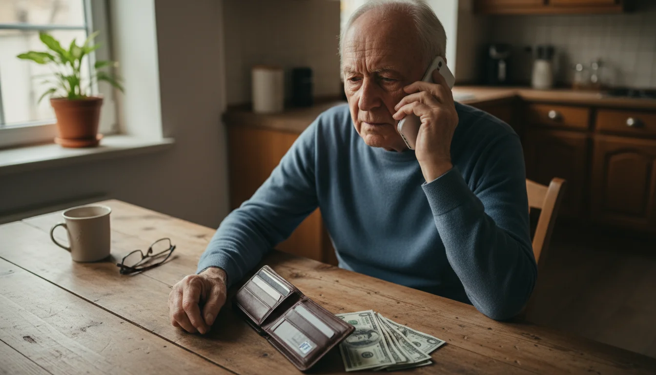 An older man sits at a kitchen table, holding a phone to his ear, with an open wallet and credit card nearby.