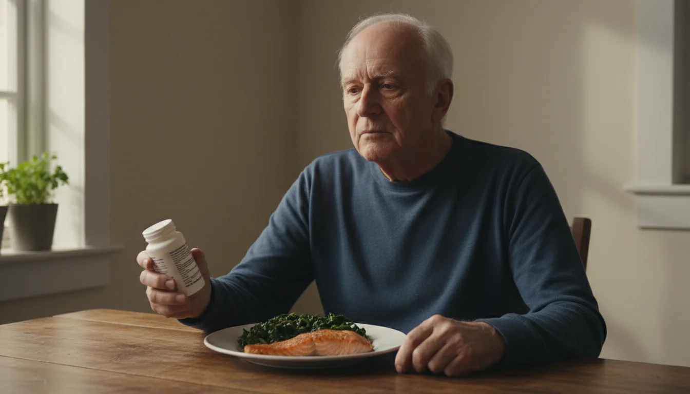 An older man sits at a kitchen table, holding a pill bottle, looking thoughtfully at a plate with baked salmon and leafy green vegetables.