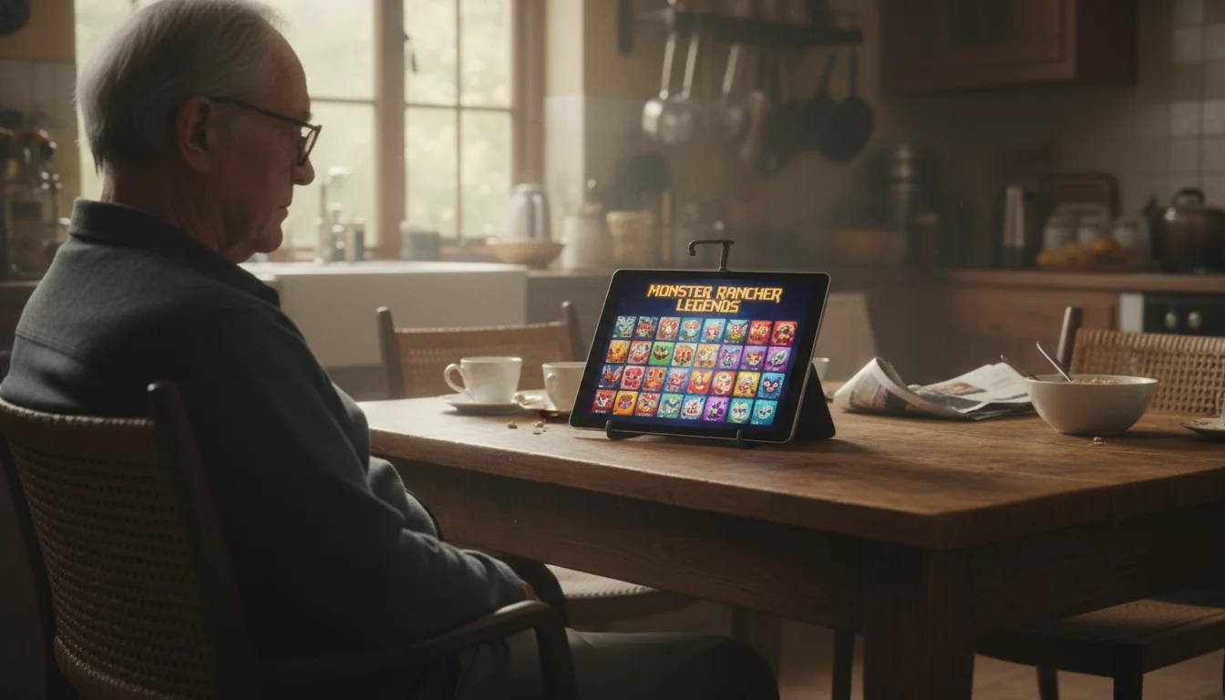 An older man sits at a kitchen table, looking at a tablet screen displaying a colorful ad for 'FREE Diabetic Supplies! Medicare Covers It All!'
