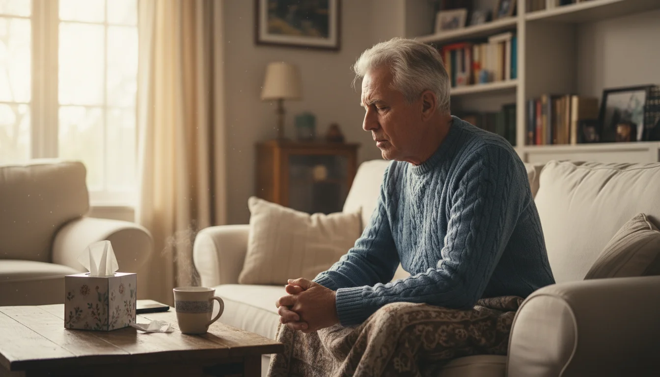 An older man sits on a sofa, looking tiredly at a half-empty tissue box and a mug on his coffee table.