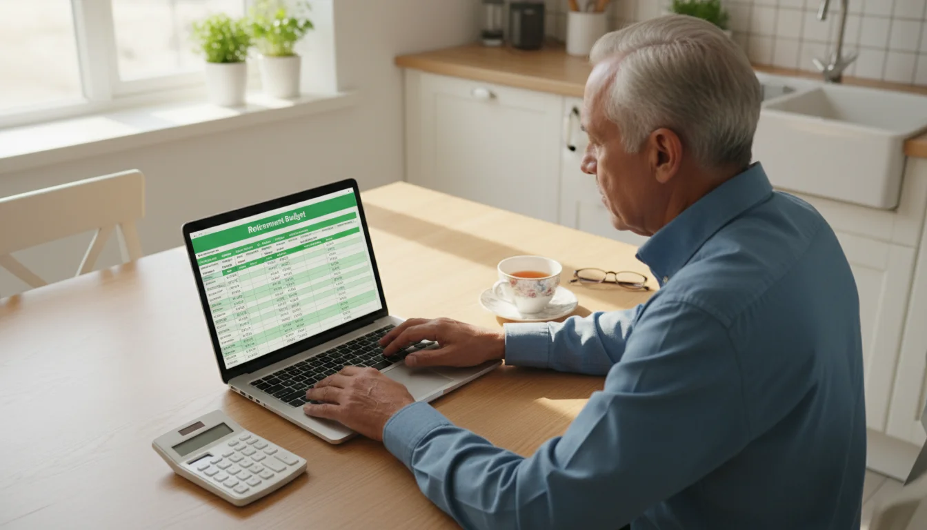An older man sits at a table, looking thoughtfully at a laptop showing a budget spreadsheet. A calculator is nearby.