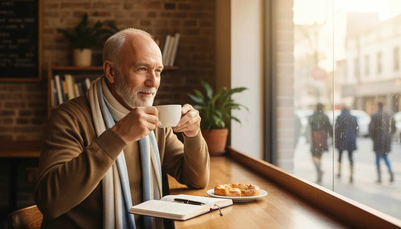 An older man sitting alone at a cafe counter, looking out a large window, with a coffee and pastry on the counter.