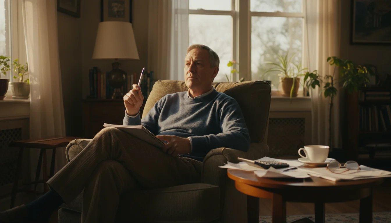 An older man sitting in an armchair, thoughtfully reviewing financial papers with a pen and notepad in a sunlit living room.
