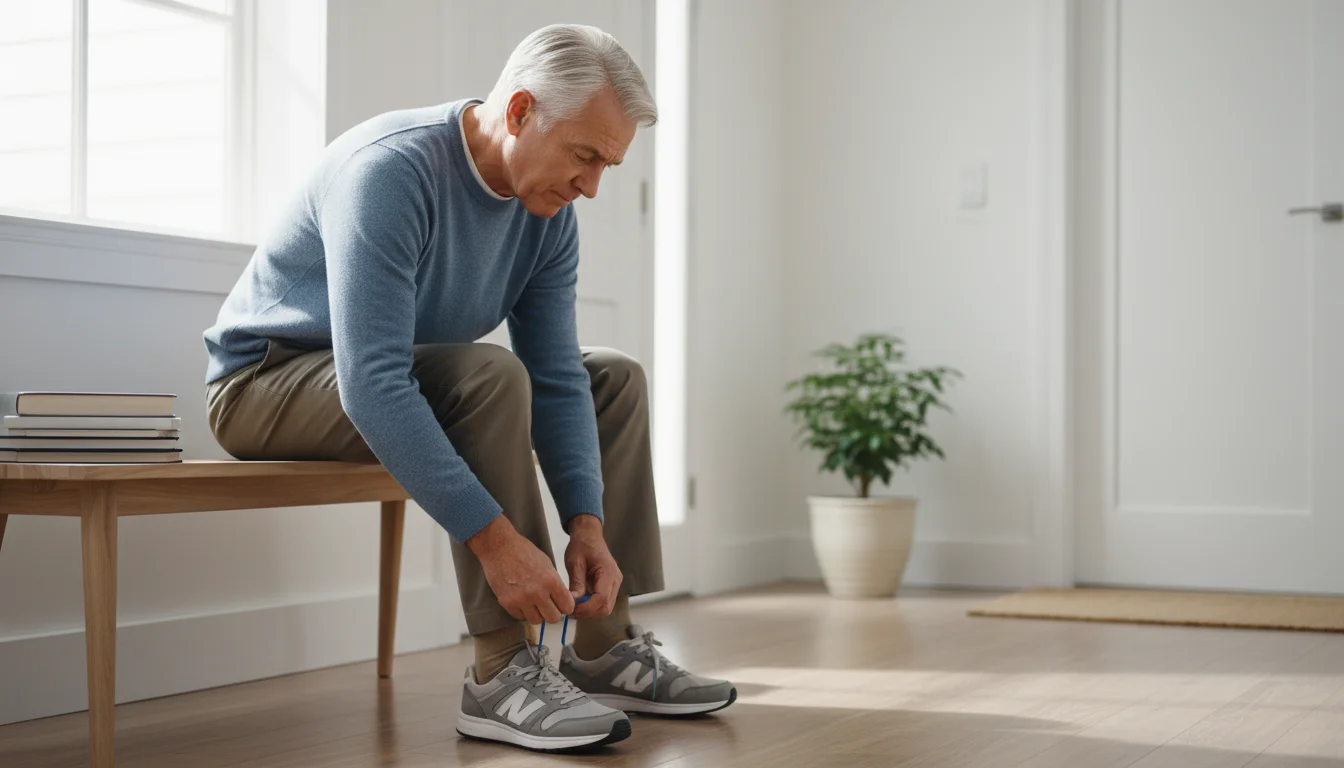 Older man sitting on a bench in a bright entryway, leaning with a focused expression to tie his shoelace. A smart speaker is subtly visible on a shelf