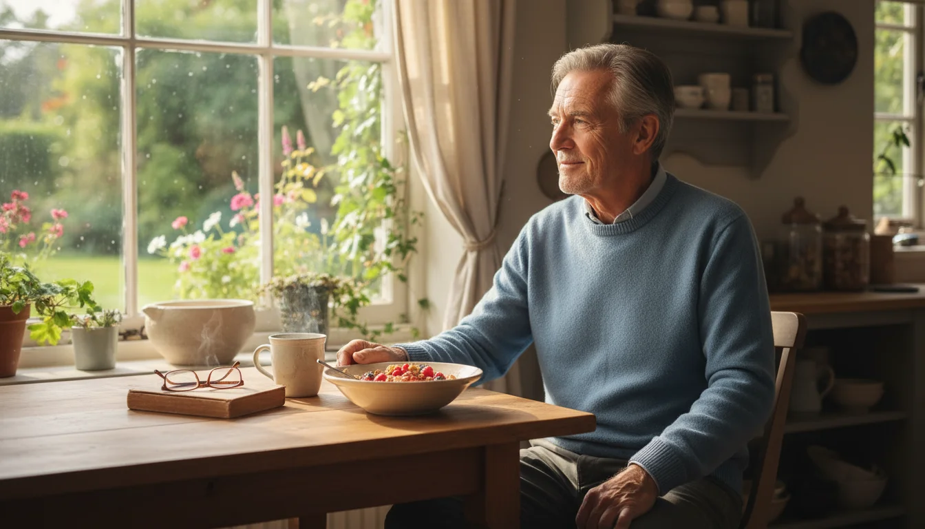 Older man sitting at a kitchen table, eating oatmeal and drinking tea, looking out a window at a garden, with a newspaper nearby.