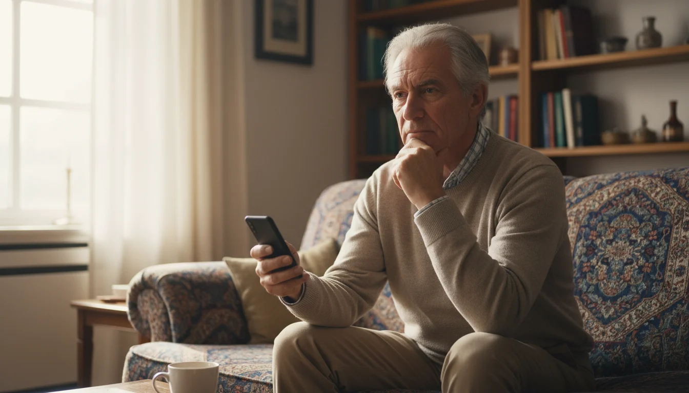 An older man sitting on a sofa, gently touching his chin, holding a smartphone, and looking thoughtfully away from the device.