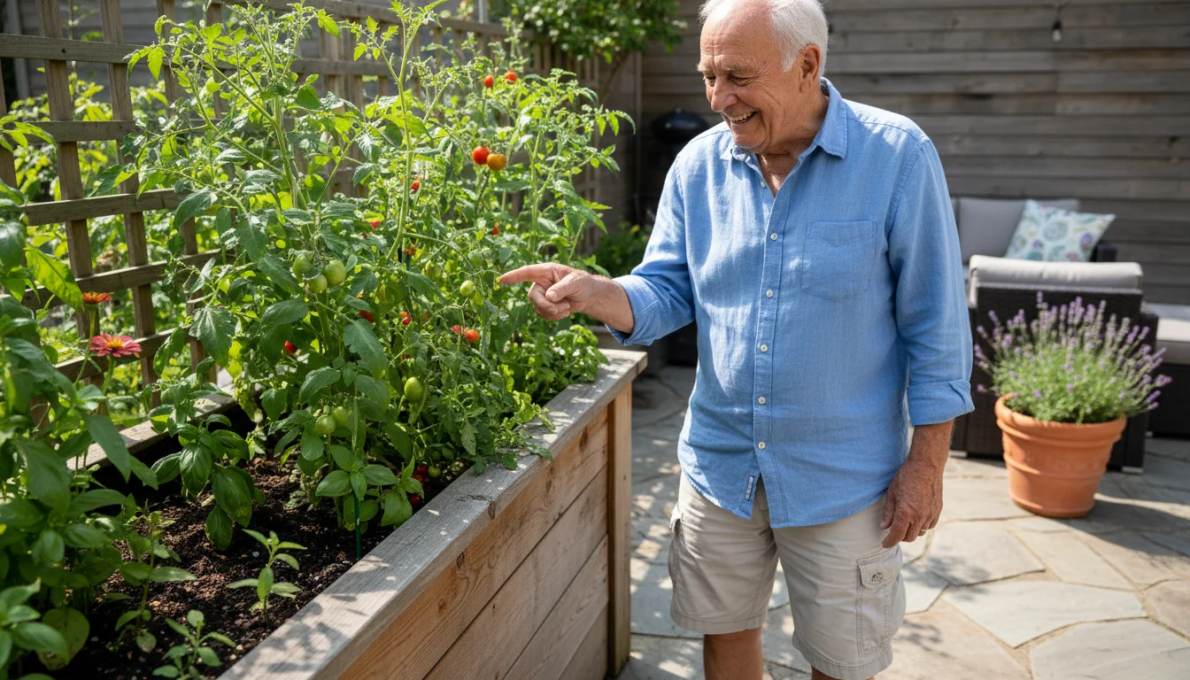 An older man with a genuine smile points to a tiny green tomato on a plant in a comfortable height raised garden bed.