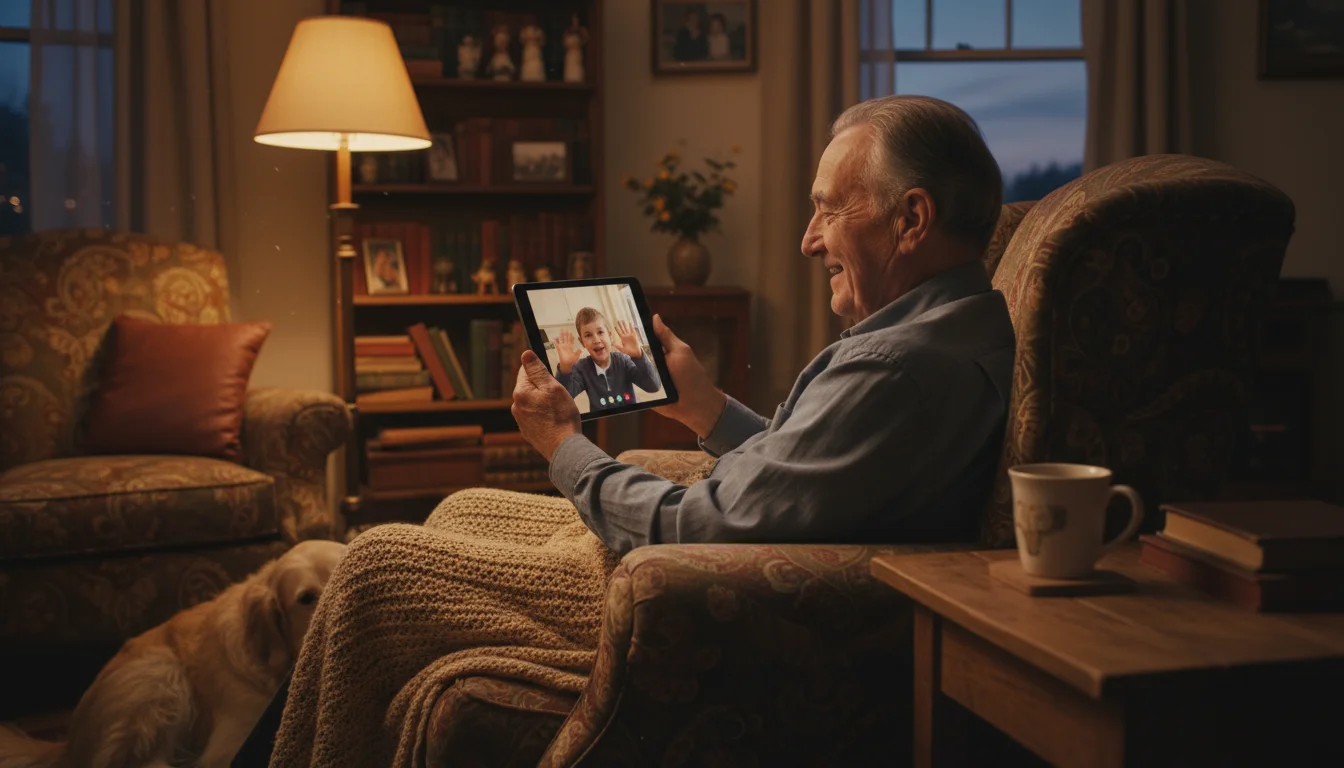 An older man smiles joyfully while video calling his grandchild on a large tablet in a warmly lit living room.