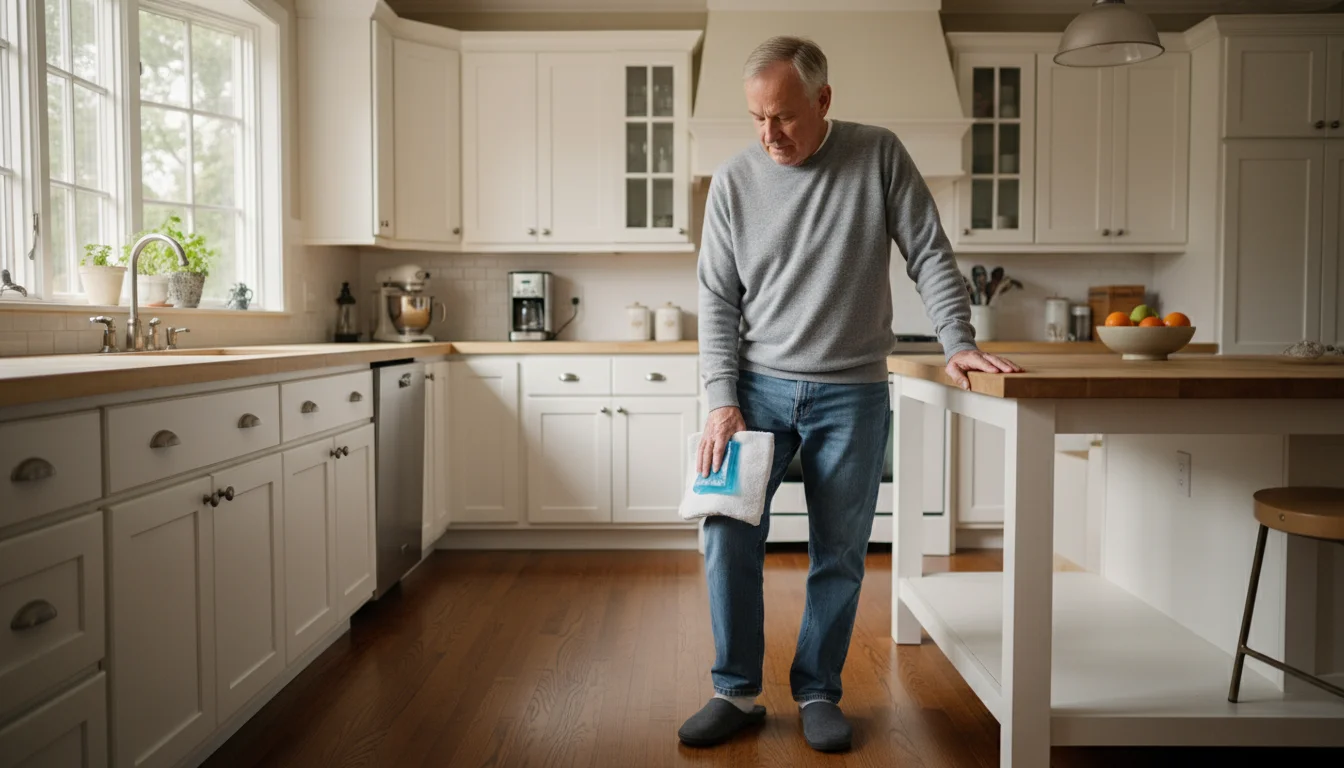 Older man standing, applying a towel-wrapped gel pack to his knee in a bright kitchen, illuminated by natural light.