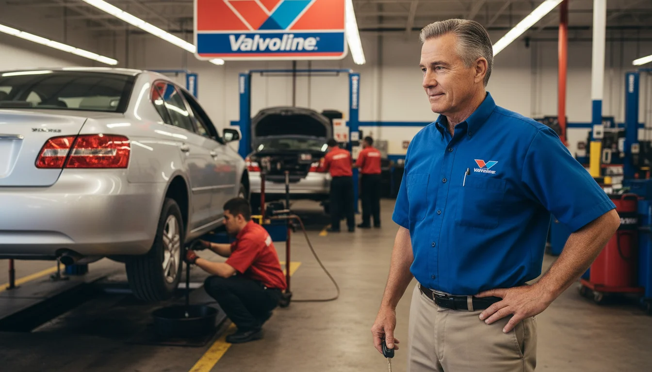 An older man stands calmly inside a Valvoline service bay, observing a technician performing an oil change on his sedan.