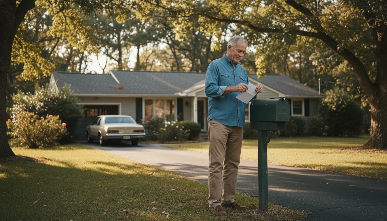 An older man stands at his mailbox, gently opening a white envelope with a look of quiet contentment on his face.