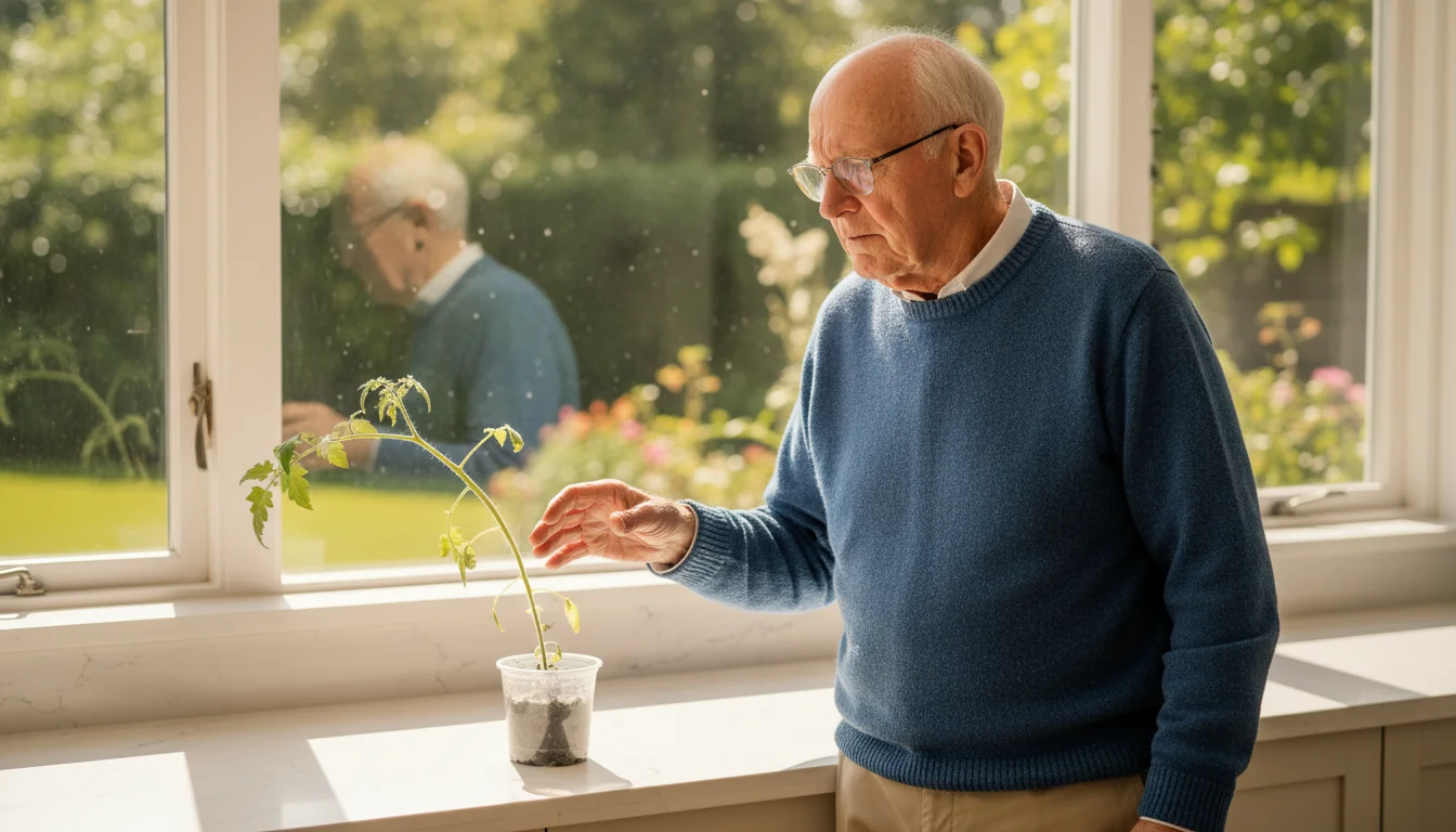 An older man stands by a kitchen counter with a small, leggy tomato plant in a plastic pot leaning towards a sunlit window.