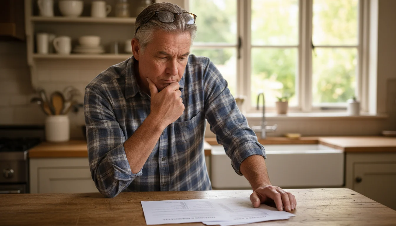 An older man stands at a kitchen island, looking at financial documents and a calculator with a thoughtful expression.