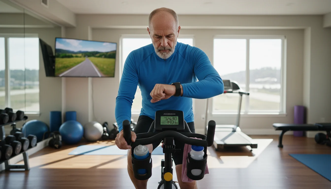 An older man on a stationary bike looks at his smartwatch, which displays workout information during his exercise.