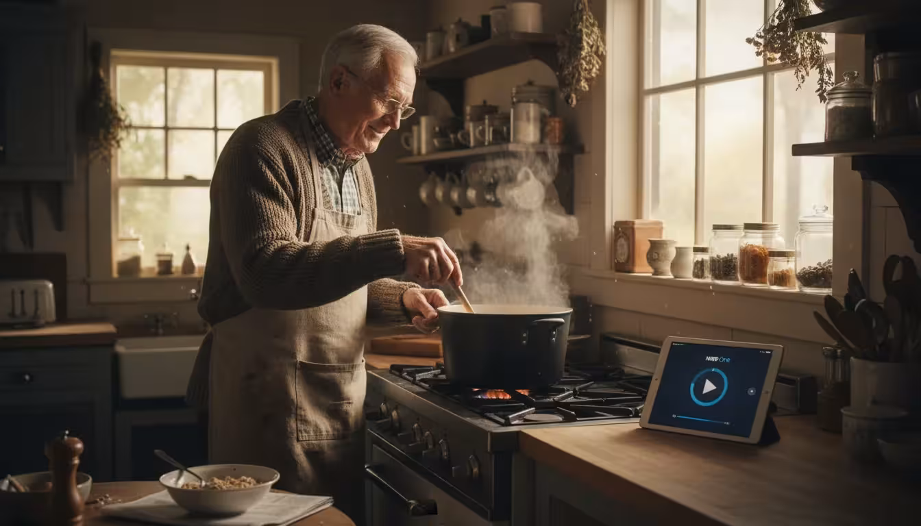 Older man stirring a pot in his kitchen, with a tablet on the counter subtly displaying the NPR One app playing audio.