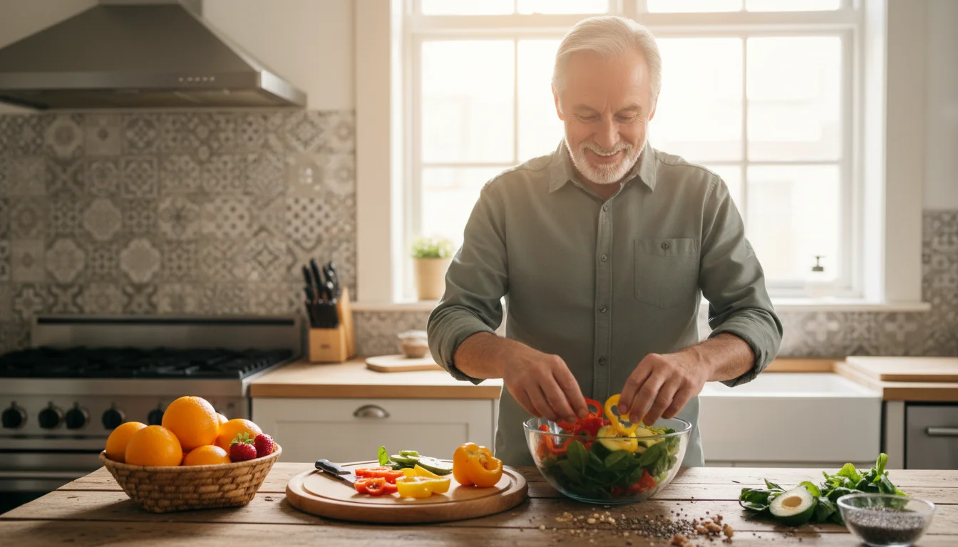 An older man in a sunlit kitchen smiles while adding colorful vegetables to a vibrant salad bowl. Fresh fruit is nearby.